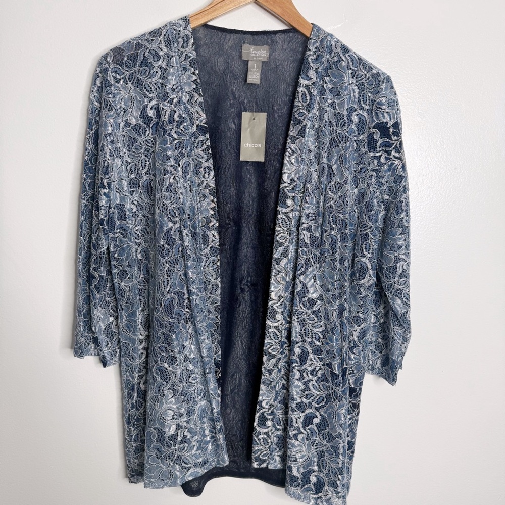 NWT Chico's Travelers Ellie‎ Lace Open Front Jacket Blue Medium Chico's 1 Casual